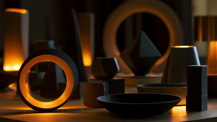 An arrangement of geometric product forms with one spotlit in a warm amber ring of light
