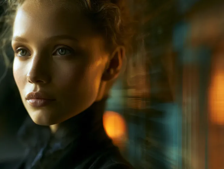 A focused person lit in warm studio light with translucent data planes behind them