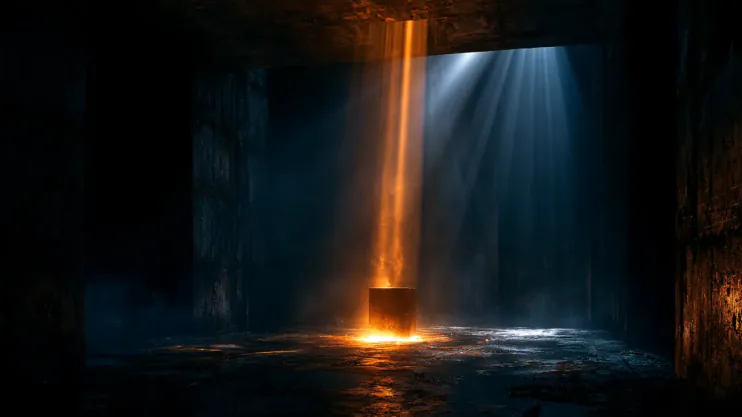A single beam of amber light landing on one object in an otherwise dark space